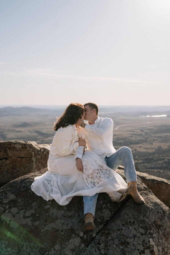 Soft film tones of mountain engagement session in Oklahoma

