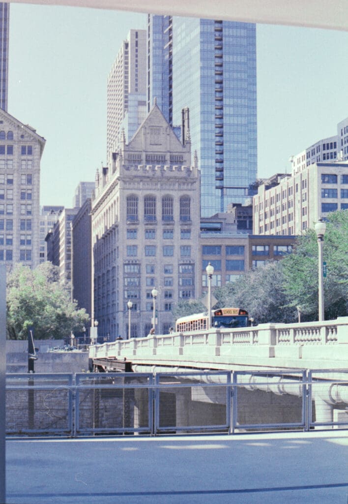 A serene landscape of sailboats at Monroe Harbor in Chicago captured on medium format film.