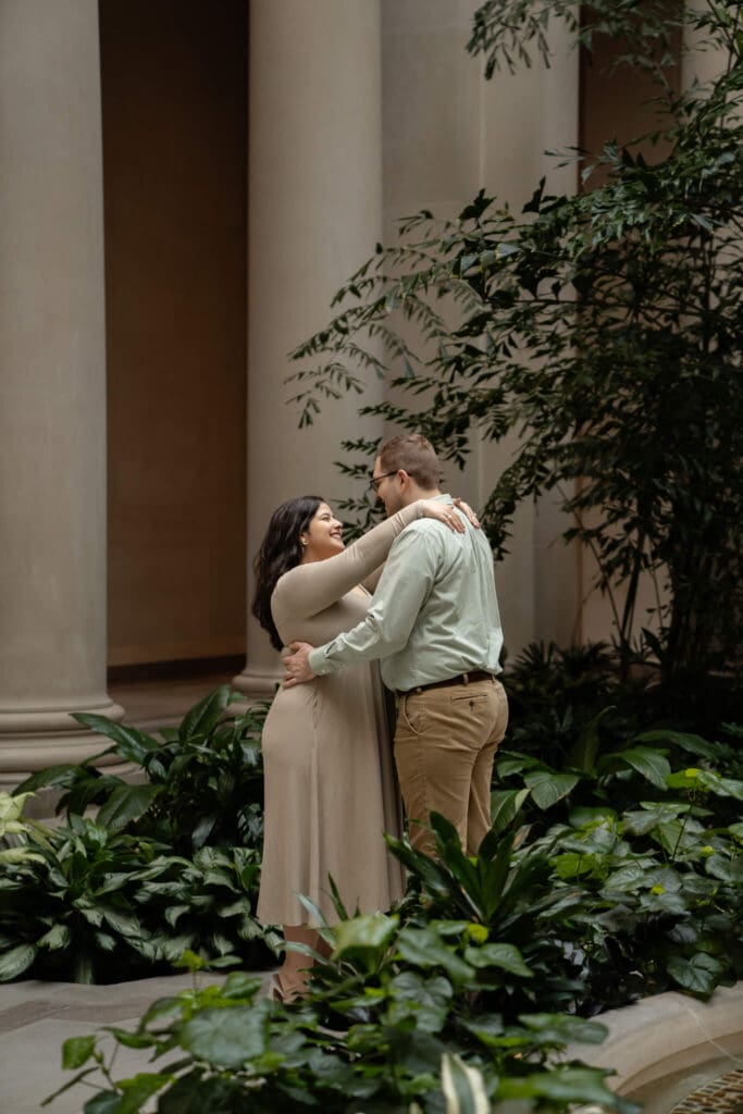 Editorial style engagement session in Washington DC with moody lighting
