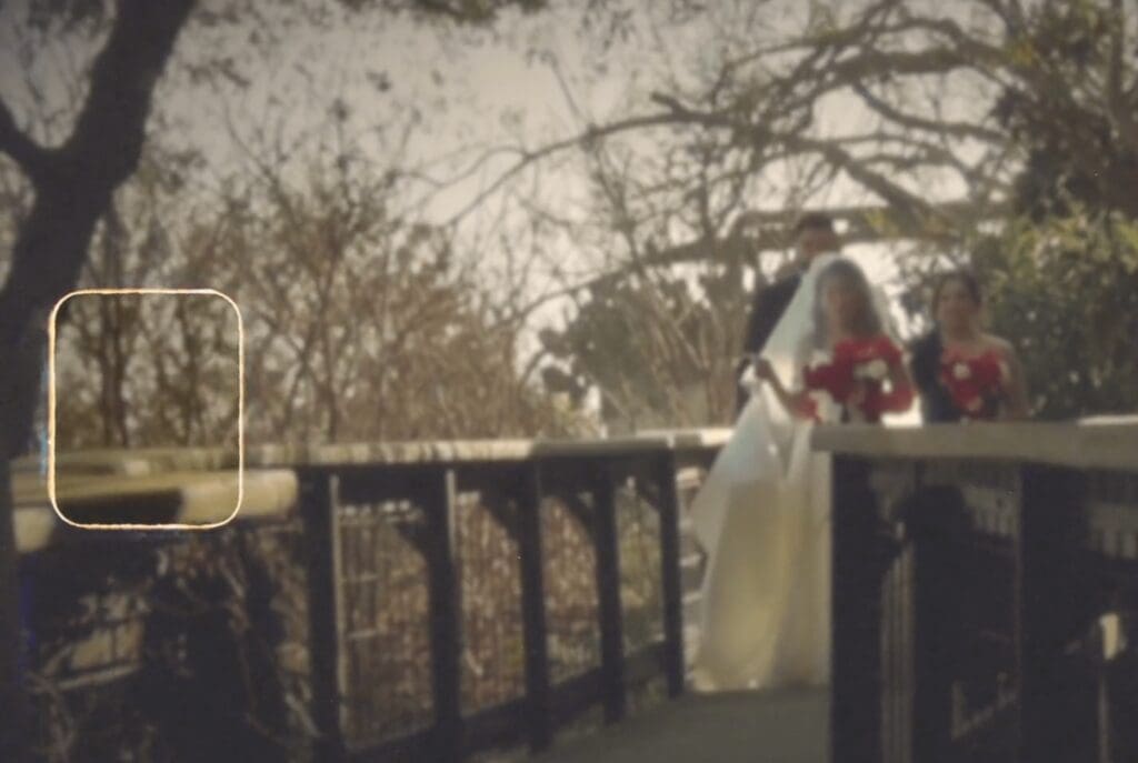 Super 8 wedding video still of bride’s dress flowing at Villa Antonia
