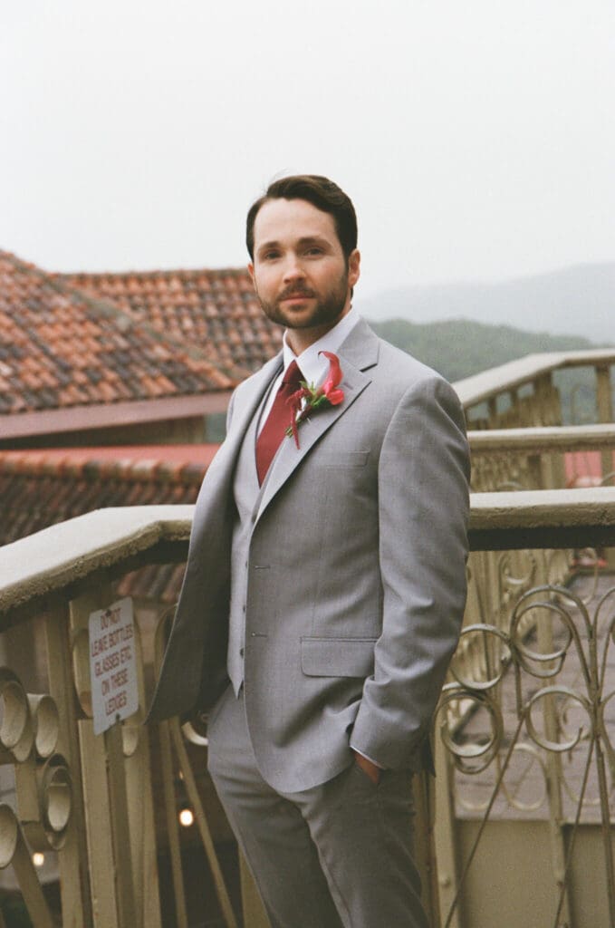 Bridal portrait framed by European-style stone columns