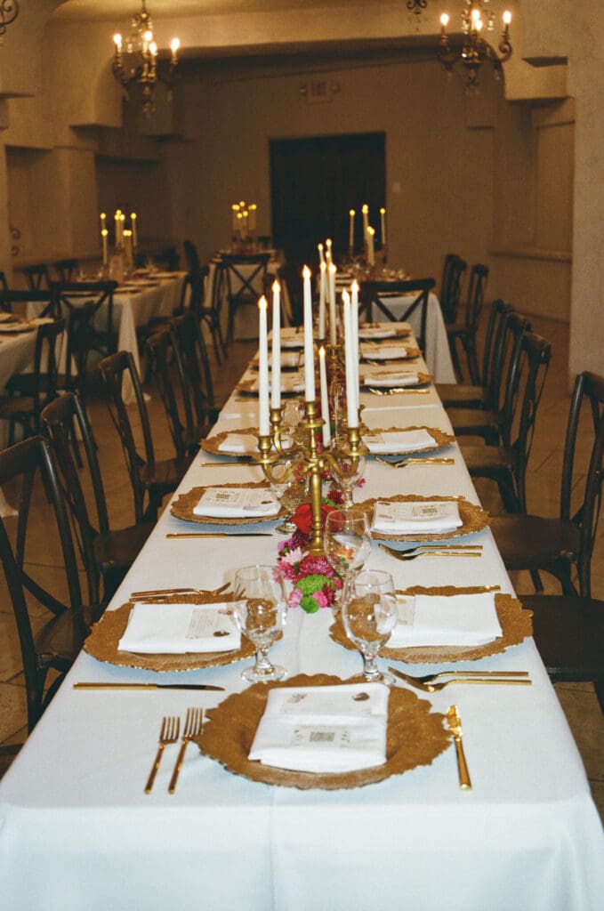 Elegant dinner setup at a winter wedding in Austin, Texas