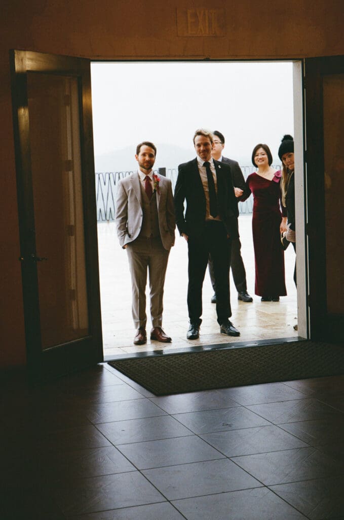 Guests reacting during vows at a Villa Antonia wedding in Austin