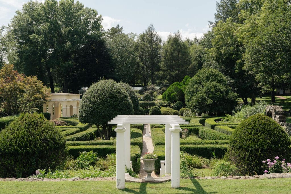 Outdoor reception space styled for colorful spring wedding