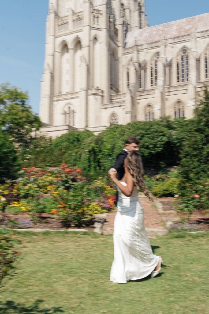     Romantic film engagement photos with timeless architecture backdrop