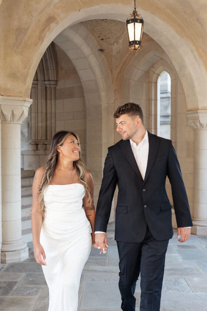     Summer engagement session with soft light at the National Cathedral
