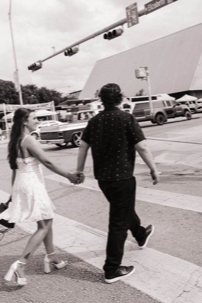 Natural candid engagement moment on South Congress in Austin