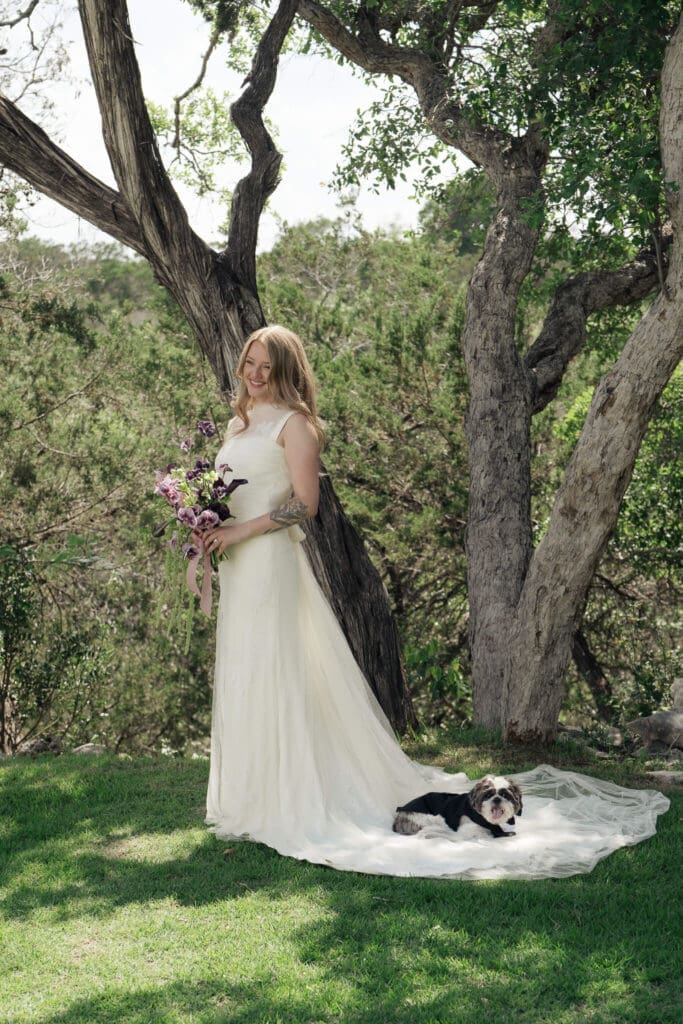 Newlywed portraits with rolling Hill Country views
